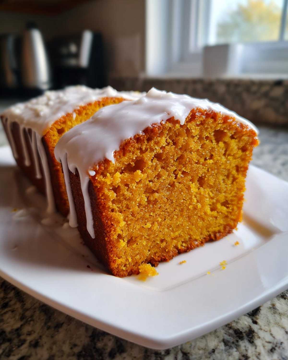 Close-up of a moist slice of orange-hued sweet potato pound cake topped with thick white icing.