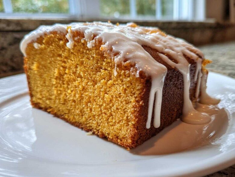 A close-up of a moist slice of sweet potato pound cake topped with thick vanilla glaze dripping down the sides.