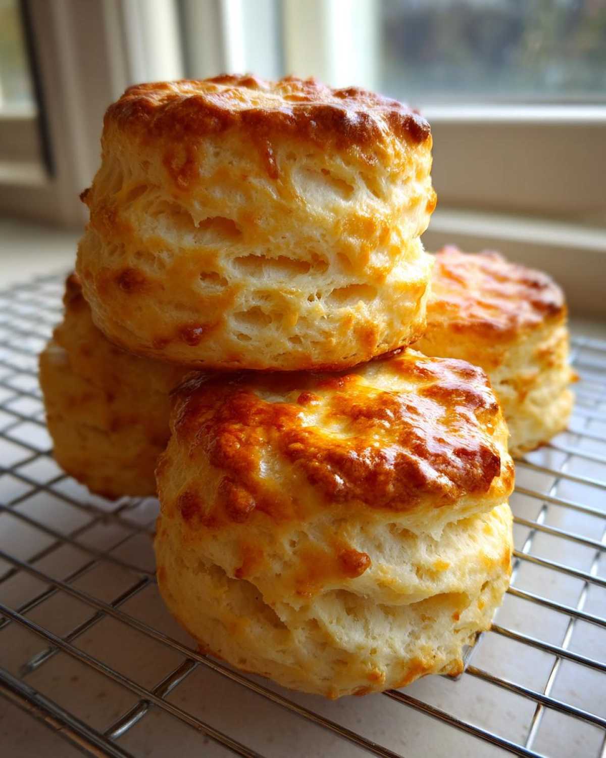 Close-up of three tall, fluffy scones with golden brown tops cooling on a wire rack, illustrating the best scones recipe.