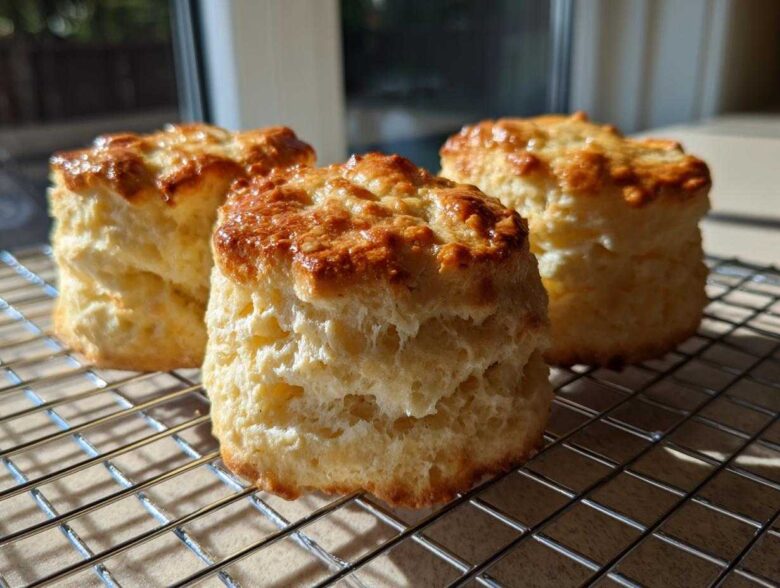 Three tall, fluffy scones with golden-brown, shiny tops cooling on a wire rack in bright sunlight.