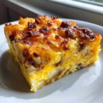 A close-up, golden-brown slice of tater tot breakfast casserole with visible eggs and sausage on a white plate.