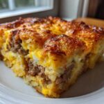 A thick, golden-brown slice of tater tot breakfast casserole featuring layers of eggs, cheese, and sausage.