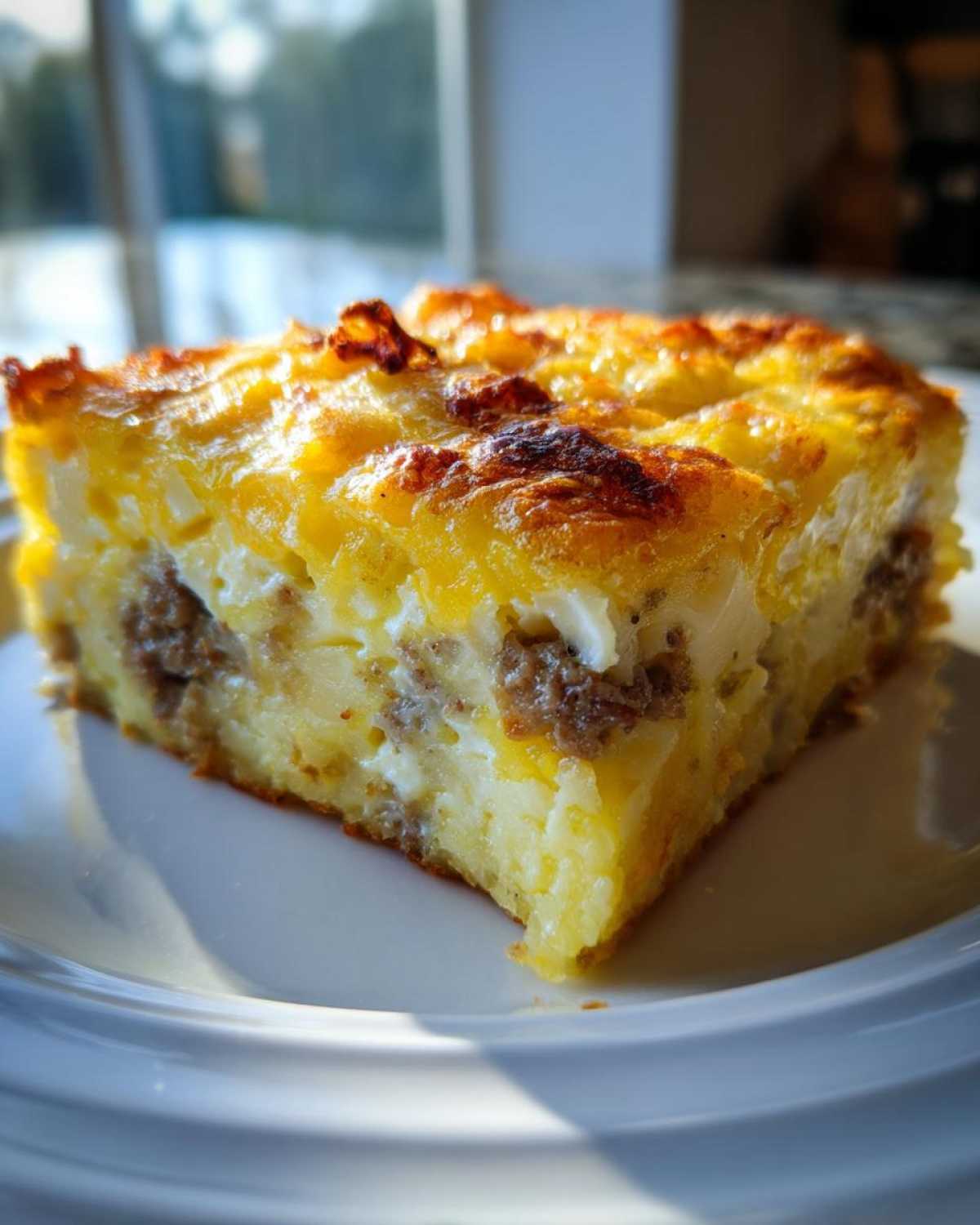 A close-up serving of tater tot breakfast casserole, showing layers of egg, cheese, and sausage.