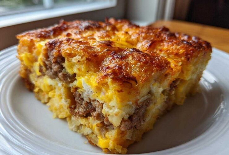 A thick, golden-brown slice of tater tot breakfast casserole featuring layers of eggs, cheese, and sausage.