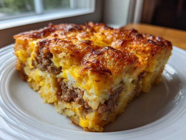 A thick, golden-brown slice of tater tot breakfast casserole featuring layers of eggs, cheese, and sausage.