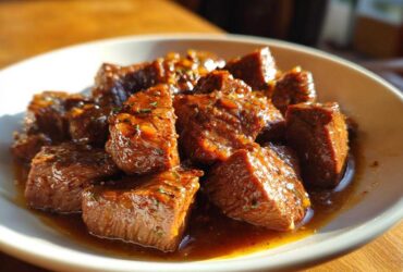 Close-up of tender, saucy cubes of crockpot steak served in a white bowl under warm light.