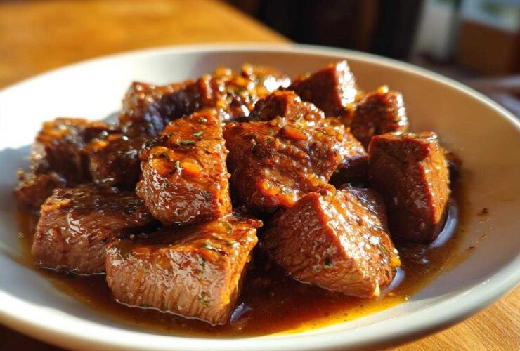 Close-up of tender, saucy cubes of crockpot steak served in a white bowl under warm light.