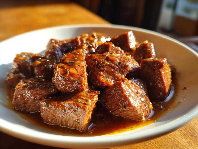 Close-up of tender, saucy cubes of crockpot steak served in a white bowl under warm light.