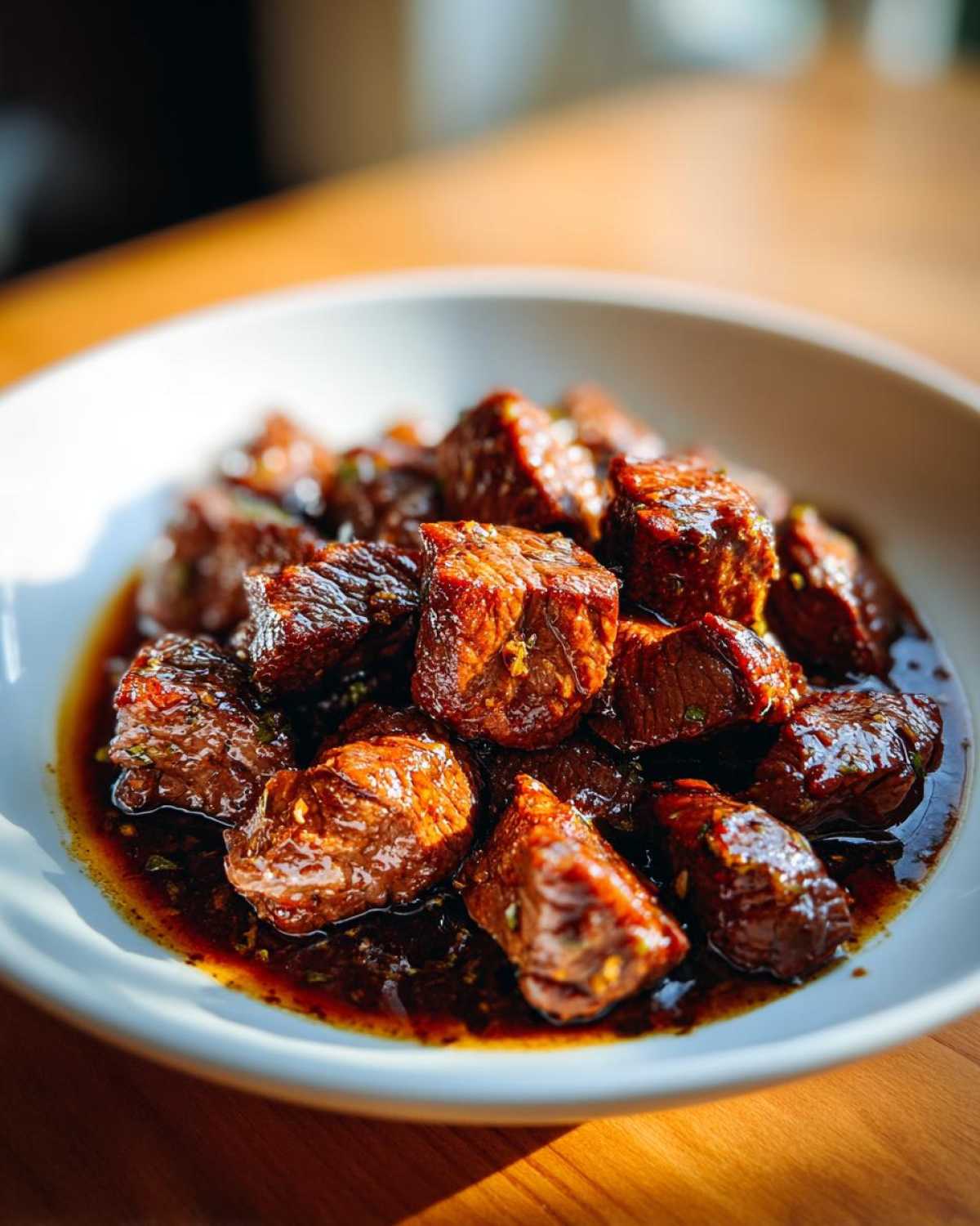 Close-up of tender, glazed cubes of crockpot steak served in a white bowl with savory sauce.