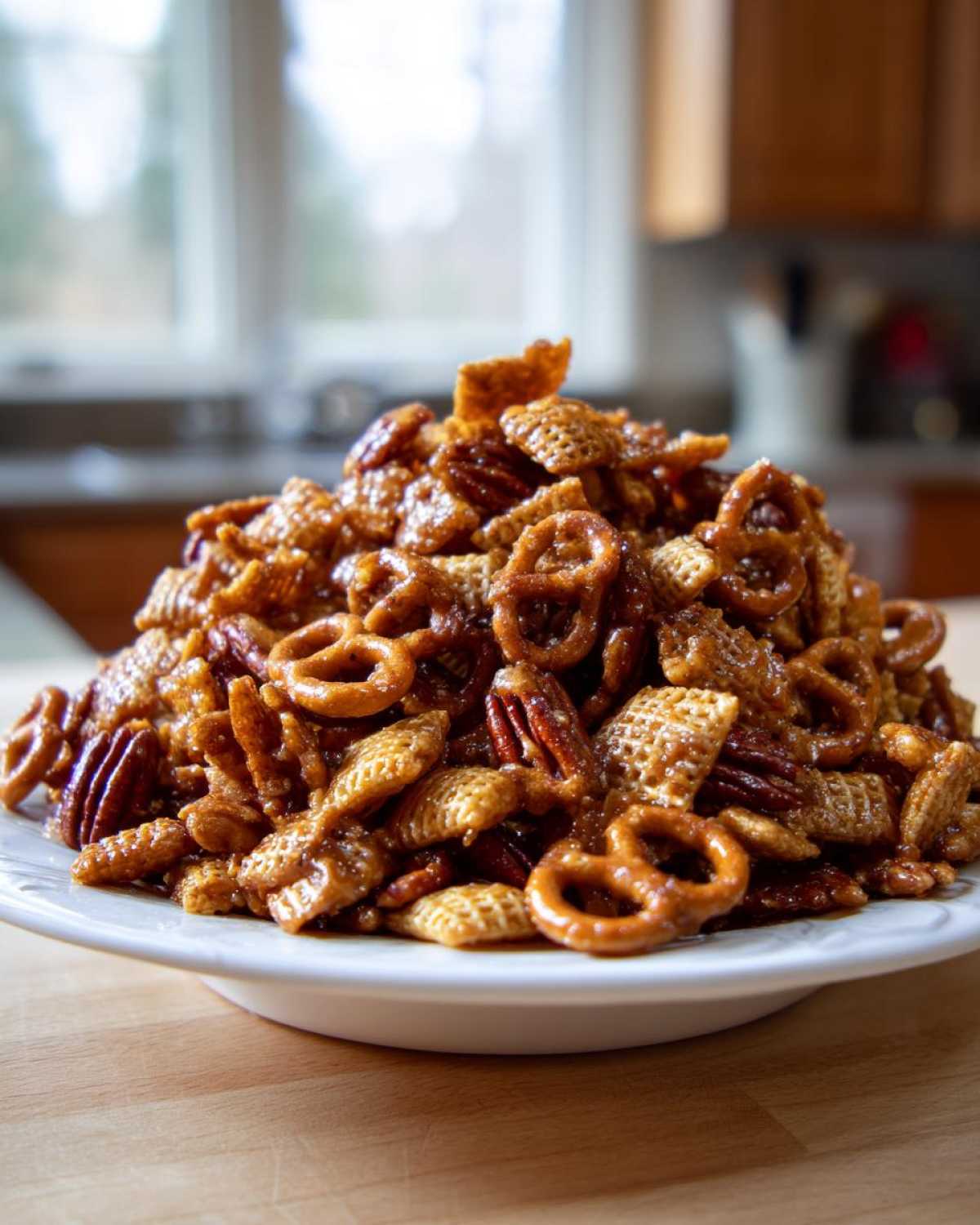 A mound of glossy, caramel-coated toffee chex mix recipe featuring Chex cereal, pretzels, and pecans on a white plate.