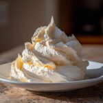 A tall, perfectly piped swirl of creamy vanilla buttercream frosting sitting in a white bowl.