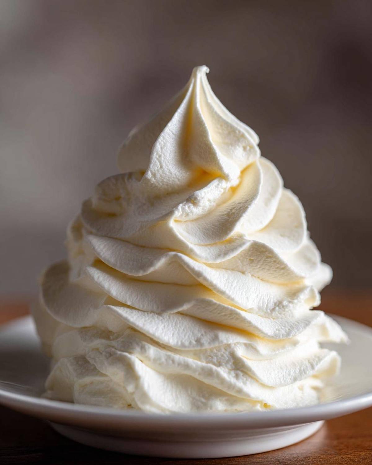 Close-up of a beautifully piped swirl of light, creamy vanilla buttercream frosting on a white plate.