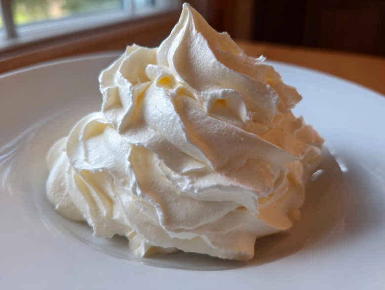 Close-up of a perfectly piped swirl of creamy vanilla buttercream frosting on a white plate.
