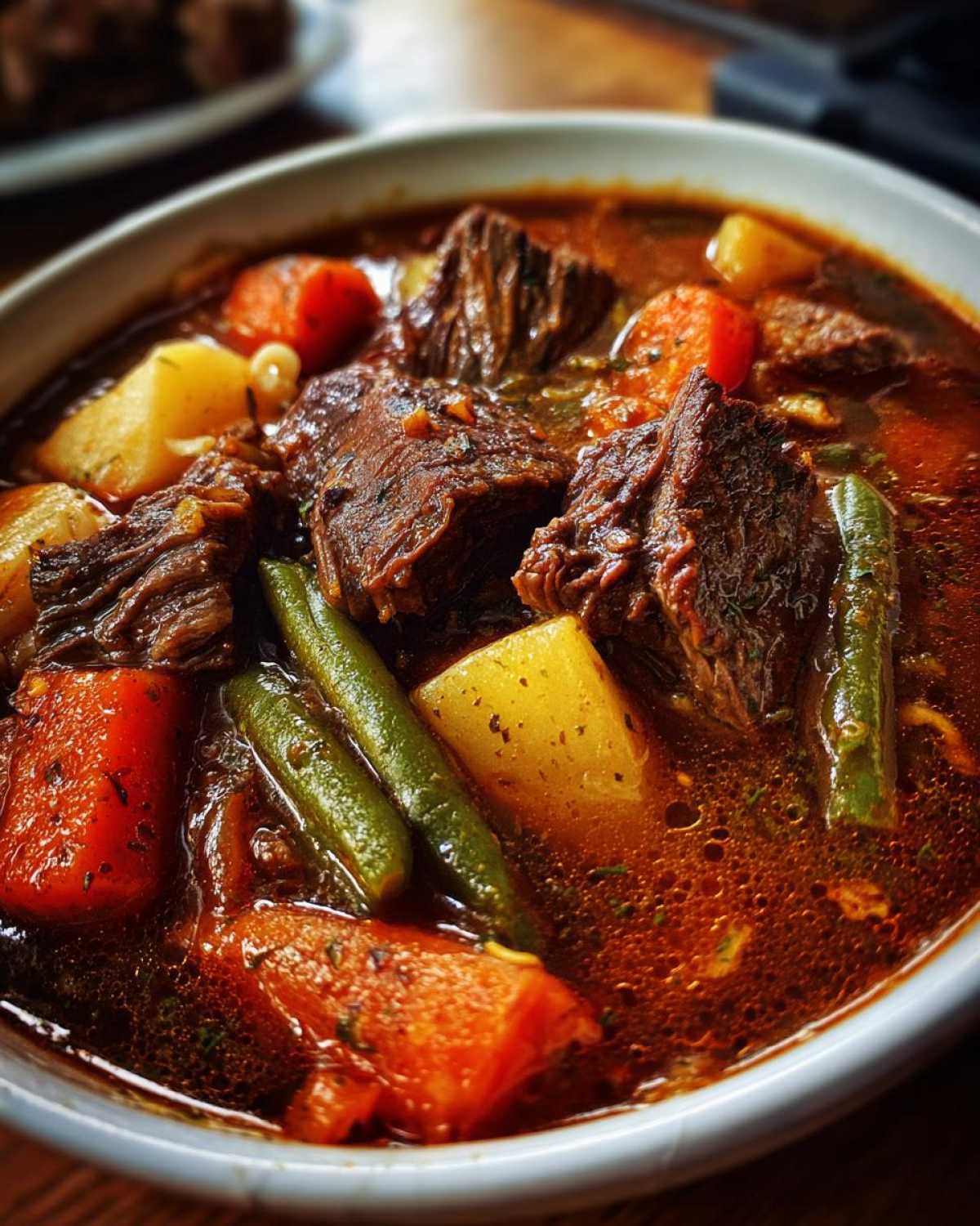 Close-up of a rich bowl of vegetable beef soup showing chunks of beef, carrots, potatoes, and green beans.