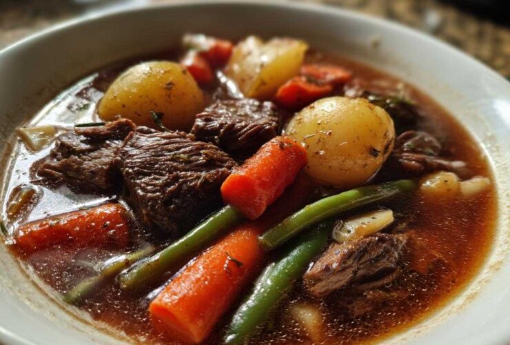 Close-up of a steaming bowl of rich vegetable beef soup featuring tender beef chunks, carrots, green beans, and potatoes.