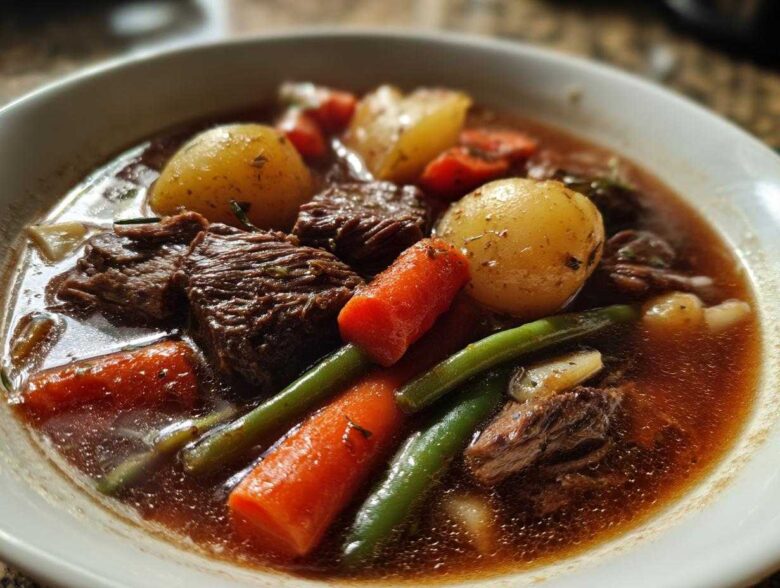Close-up of a steaming bowl of rich vegetable beef soup featuring tender beef chunks, carrots, green beans, and potatoes.