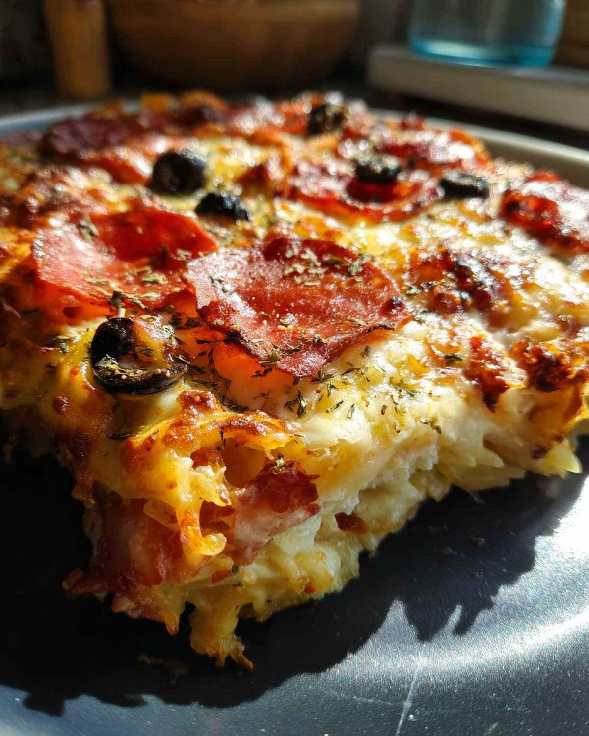 A close-up, sunlit shot of a slice of baked pizza pasta, showing melted cheese, pepperoni, and black olives.