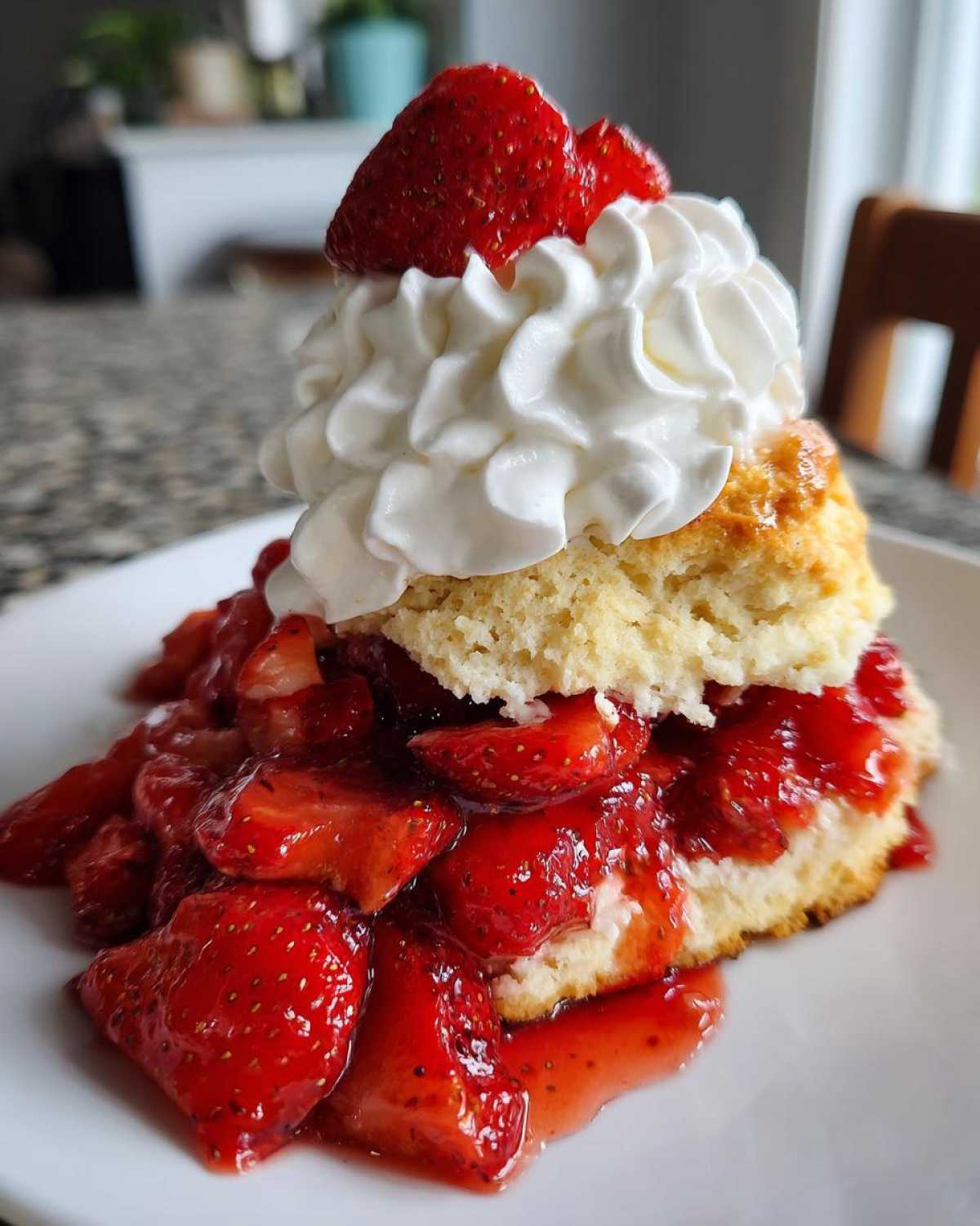 A close-up of a delicious shortcake split and filled with macerated strawberries and topped with whipped cream.