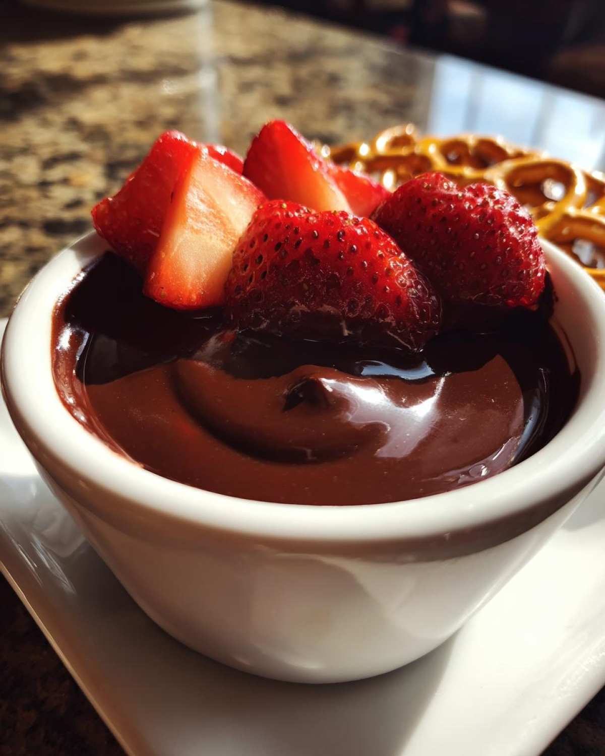 Close-up of rich chocolate fondue topped with fresh sliced strawberries, served with pretzels nearby.