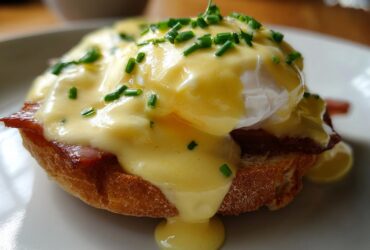 Close-up of a perfectly prepared eggs benedict featuring a poached egg, rich hollandaise sauce, and chives on toast.