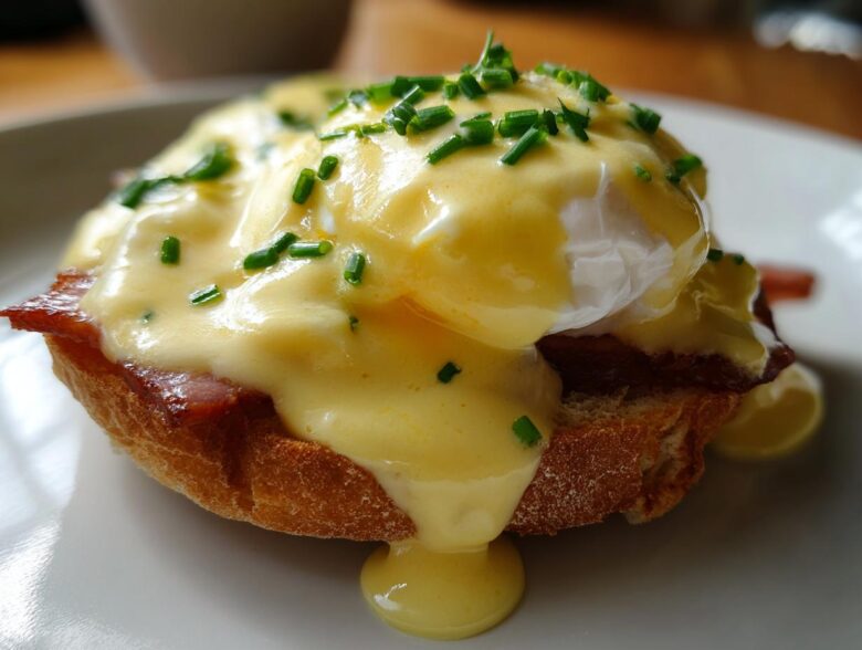 Close-up of a perfectly prepared eggs benedict featuring a poached egg, rich hollandaise sauce, and chives on toast.