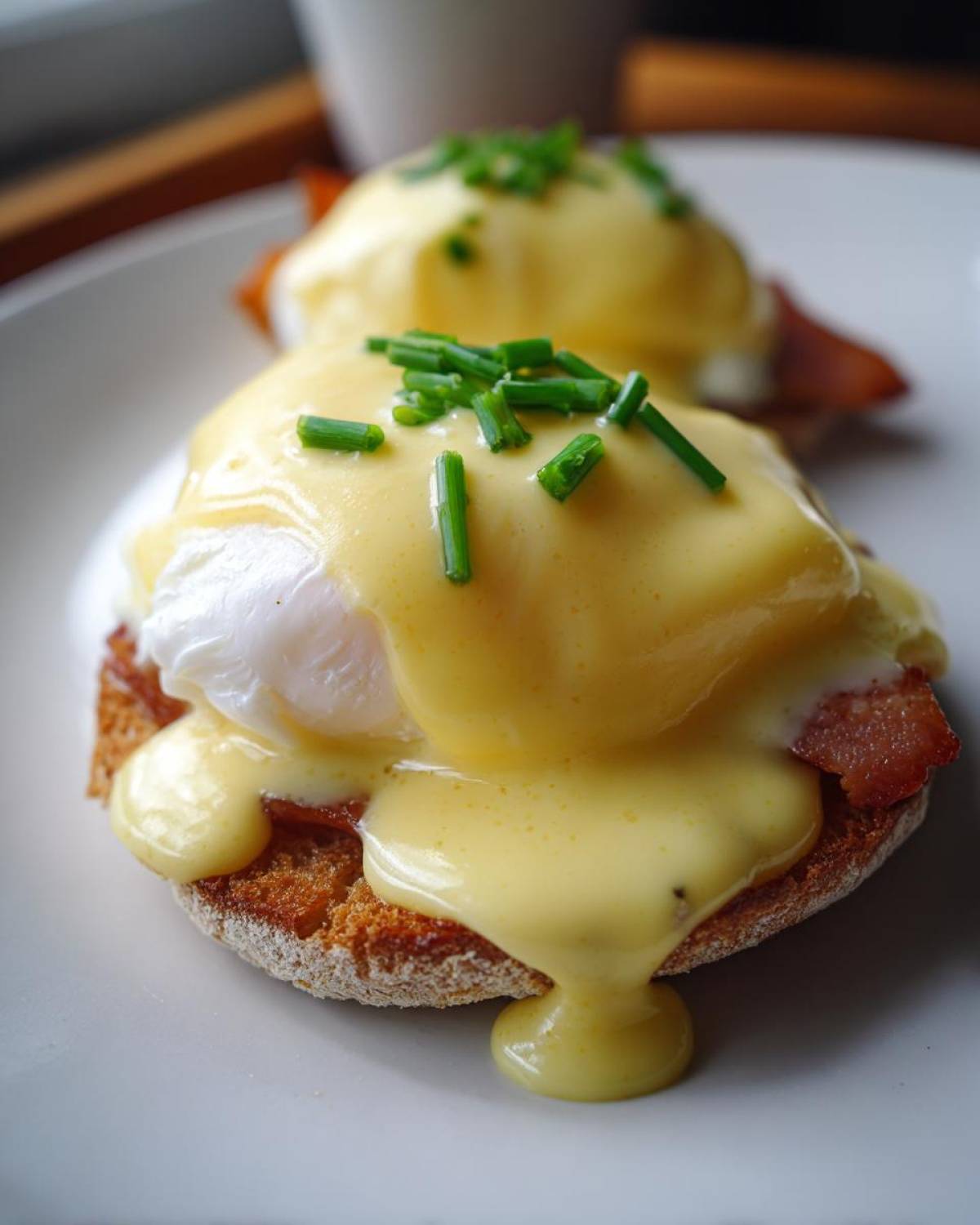 Close-up of two servings of eggs benedict topped with rich hollandaise sauce and fresh chives.
