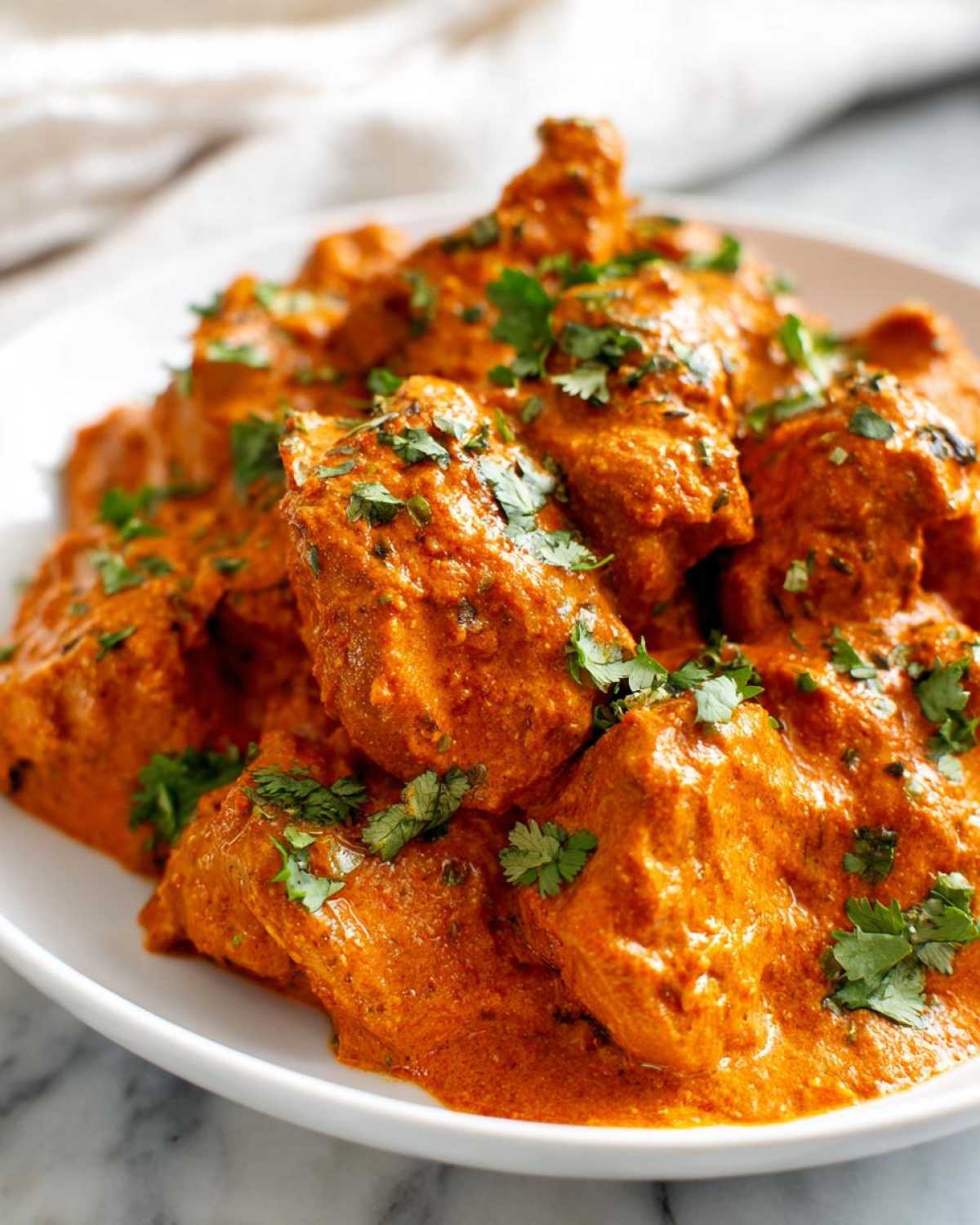 Close-up of tender chicken pieces coated in a vibrant orange, creamy sauce, garnished with fresh cilantro, representing delicious butter chicken.