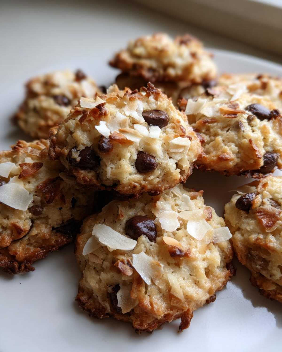 A pile of freshly baked almond joy cookies studded with chocolate chips and topped with toasted coconut flakes.