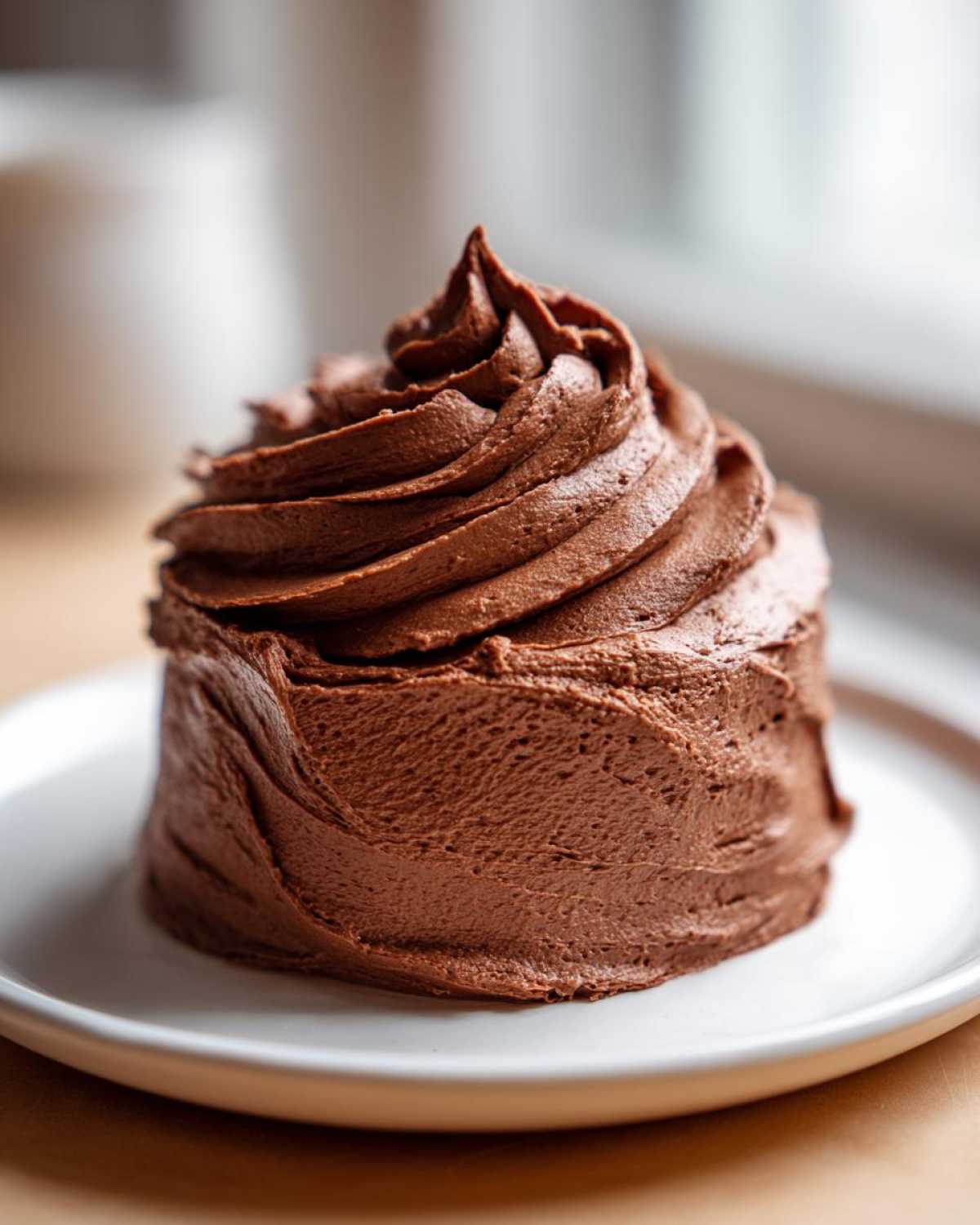 A close-up of a small cake generously covered in thick, rich chocolate frosting, piped into a tall swirl.