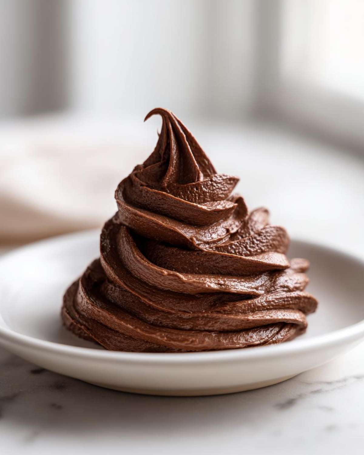 A beautiful swirl of rich, dark chocolate frosting piped onto a small white dish.