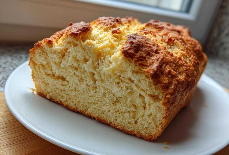 A close-up view of the soft, golden interior crumb of a freshly baked soda bread loaf.
