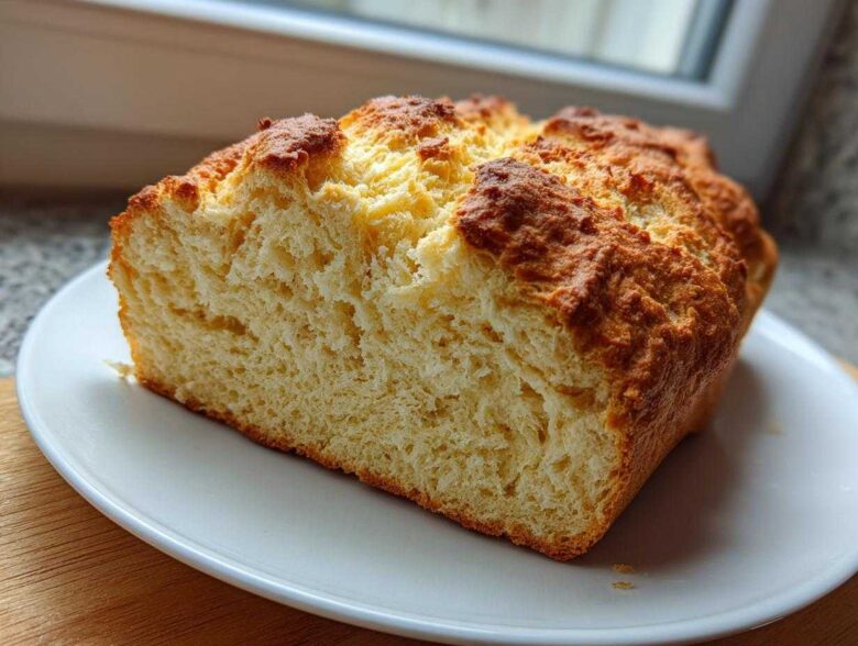 A close-up view of the soft, golden interior crumb of a freshly baked soda bread loaf.