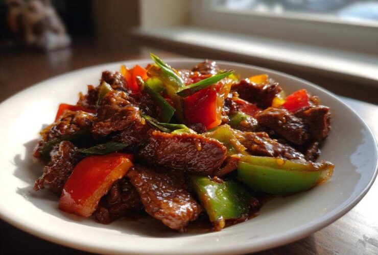 A close-up of delicious pepper steak featuring tender beef strips and vibrant red and green bell peppers coated in a savory sauce.
