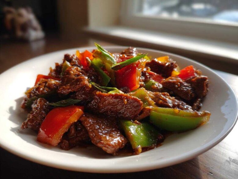 A close-up of delicious pepper steak featuring tender beef strips and vibrant red and green bell peppers coated in a savory sauce.