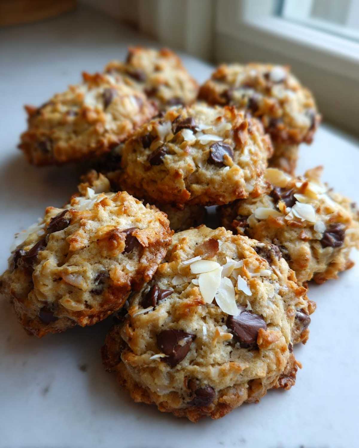 A close-up stack of freshly baked almond joy cookies loaded with chocolate chips and coconut flakes.