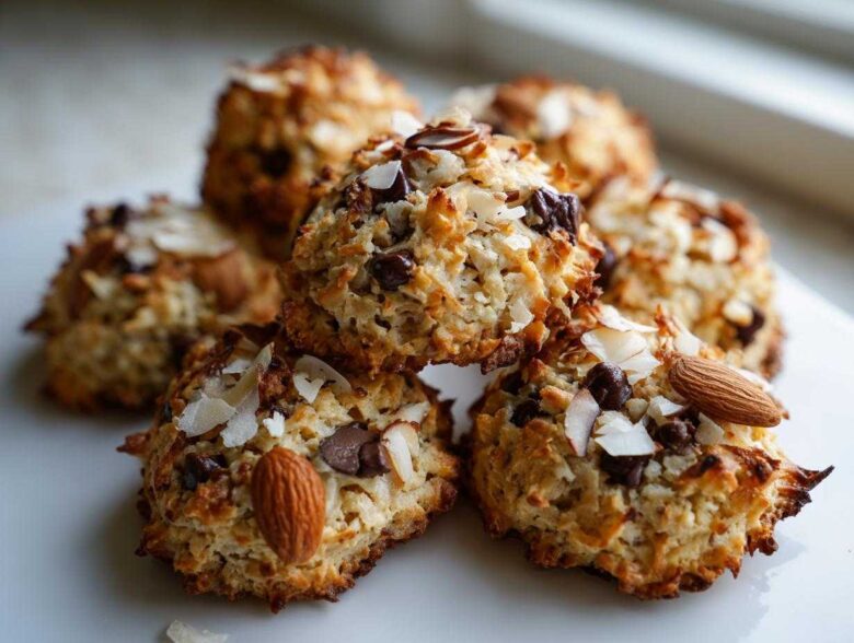A stack of golden brown almond joy cookies topped with chocolate chips, shredded coconut, and whole almonds.