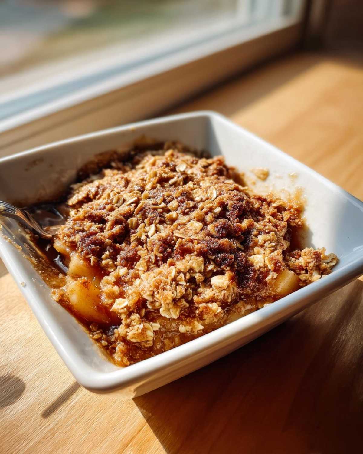 Close-up of a single serving of amazing apple crisp recipe with a crunchy oat topping in a white dish.