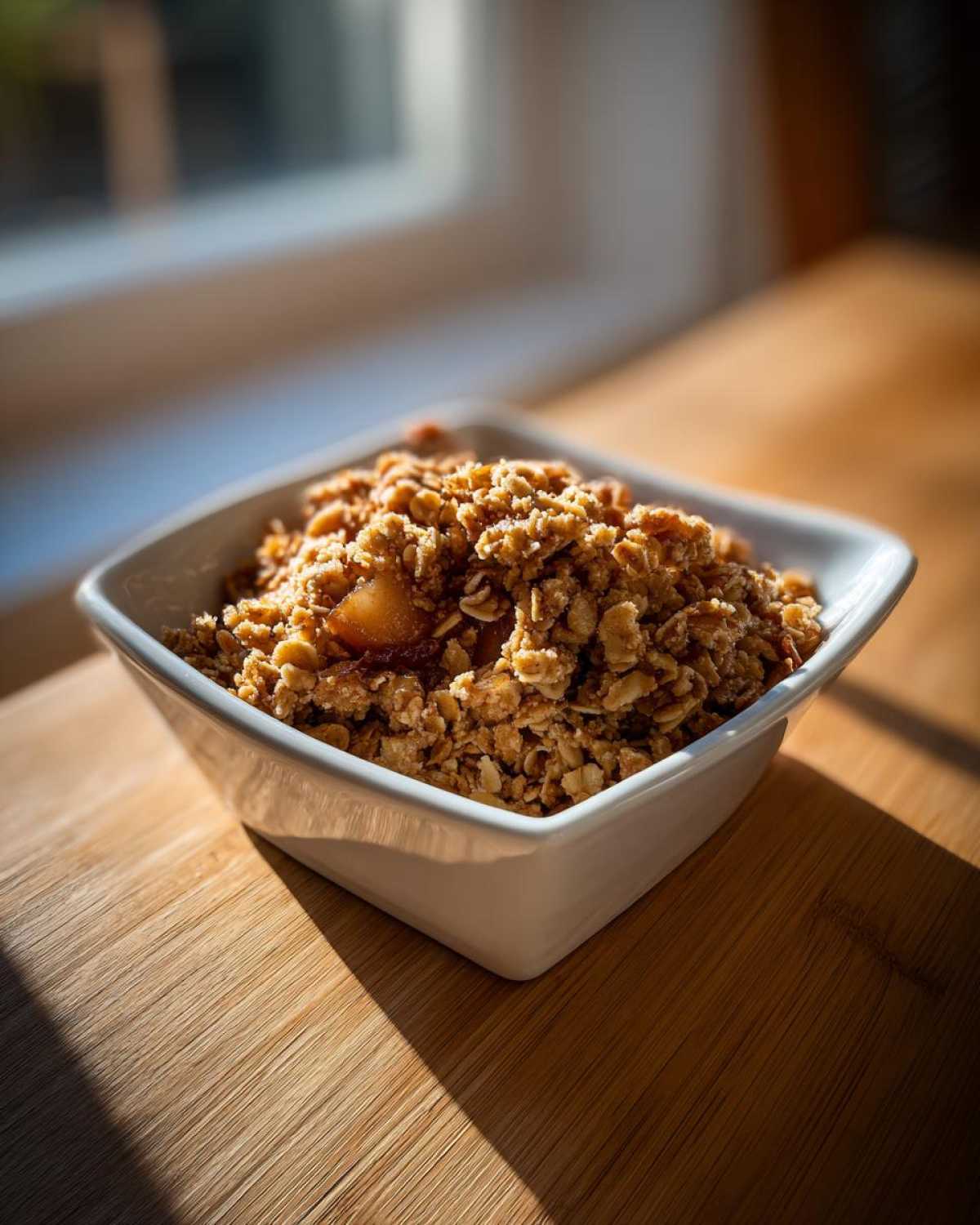 A close-up of a single serving of amazing apple crisp recipe in a white square bowl on a wooden surface.