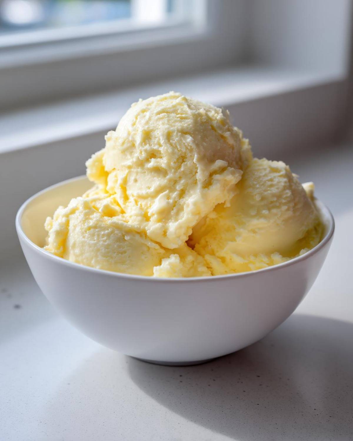 Three scoops of creamy, pale yellow banana ice cream served in a white bowl.