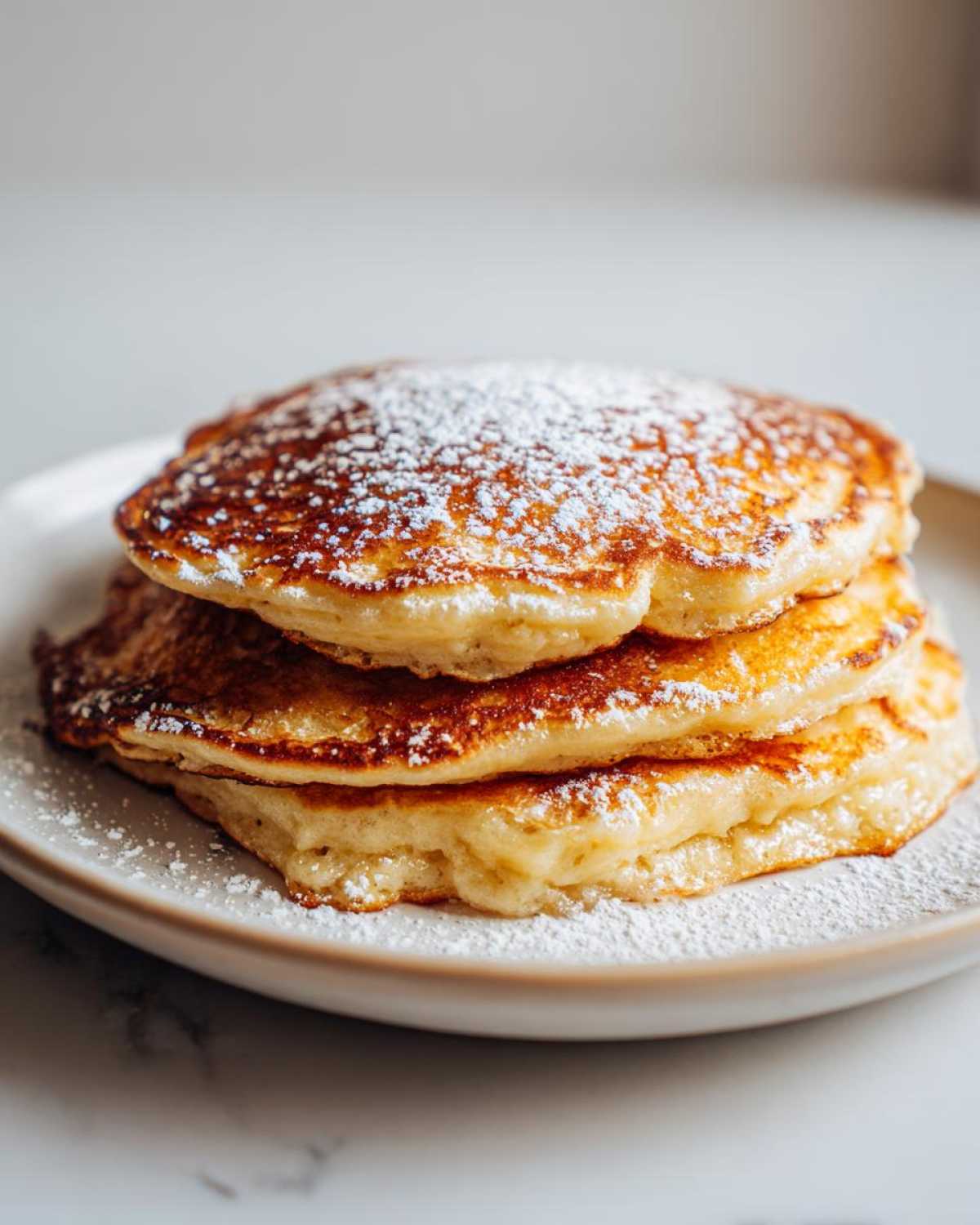 A close-up stack of three fluffy banana pancakes dusted generously with powdered sugar on a light plate.