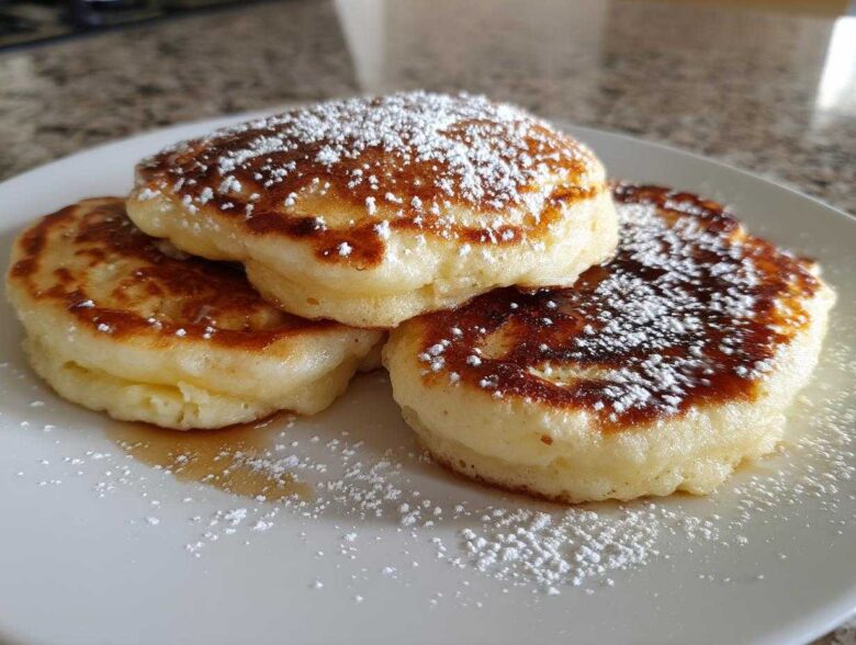 Three fluffy, golden-brown banana pancakes dusted with powdered sugar on a white plate.