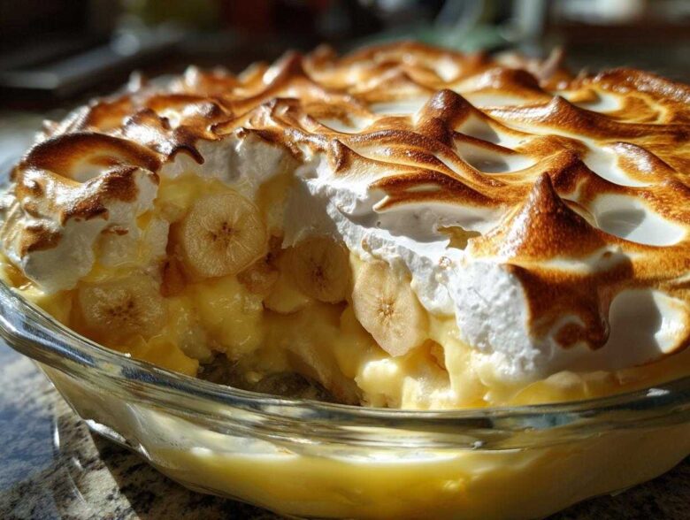 A close-up view of a serving dish filled with creamy banana pudding, layered with sliced bananas and topped with perfectly toasted meringue.