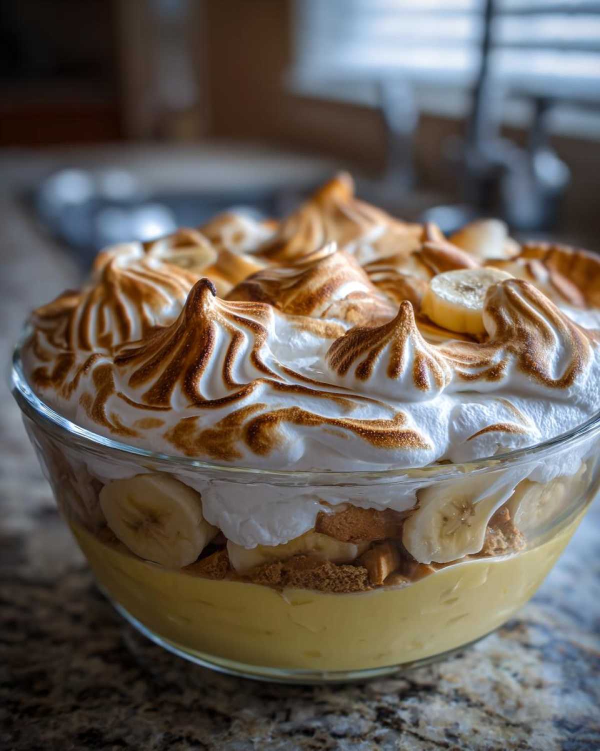 A close-up of a glass bowl filled with amazing banana pudding, featuring layers of custard, wafers, bananas, and toasted meringue topping.