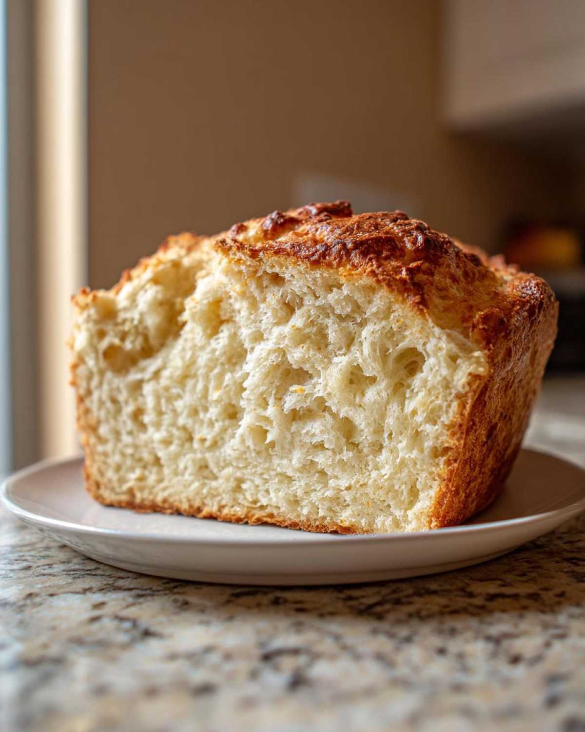A thick slice of golden-crusted beer bread showing a soft, airy interior texture on a small white plate.