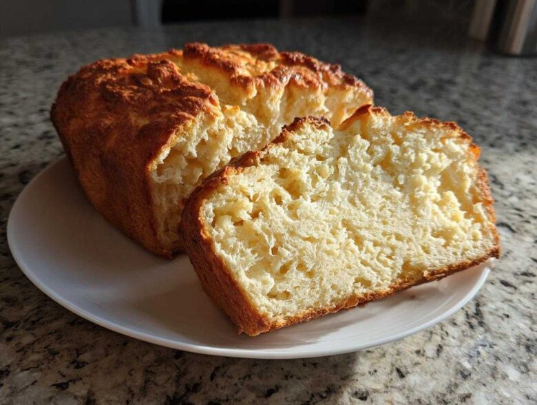 A golden-brown loaf of homemade beer bread, partially sliced, showing the fluffy interior texture.