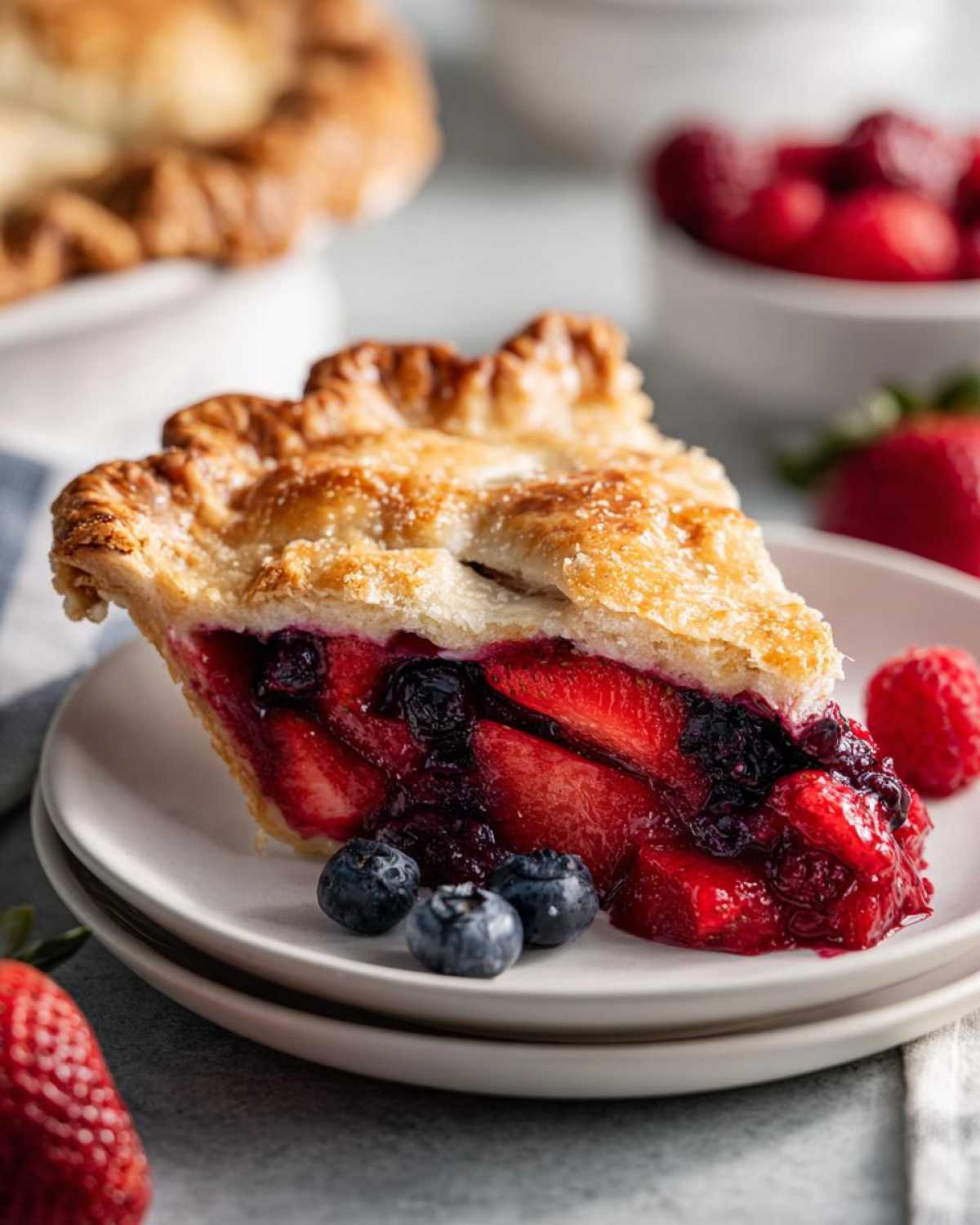 A close-up of a perfect slice of berry pie showing strawberry and blueberry filling, garnished with fresh blueberries.