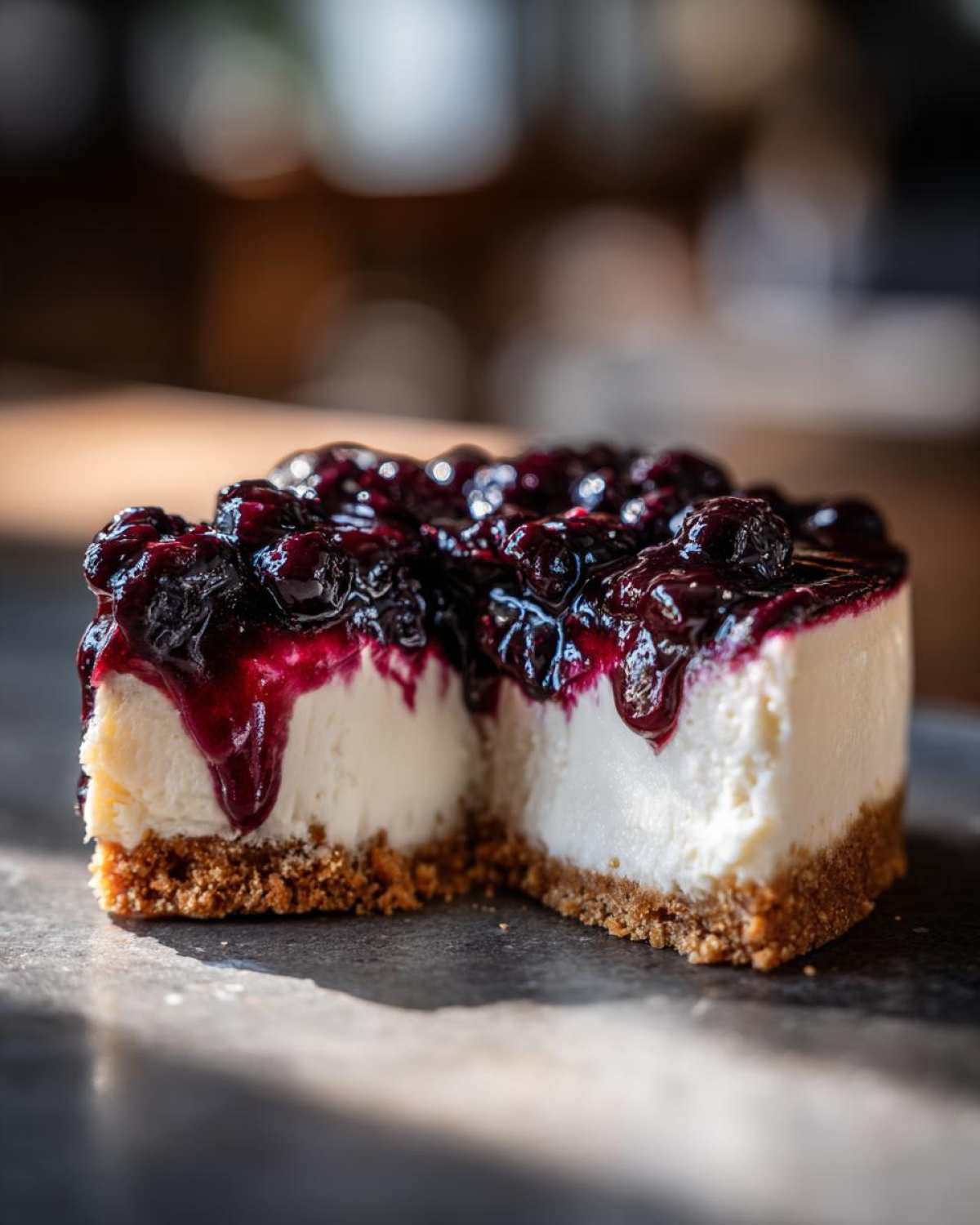 Close-up of a rich slice of blueberry cheesecake showing the creamy filling and graham cracker crust, topped with blueberry compote.