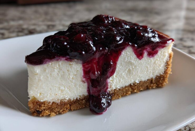 A perfect slice of amazing blueberry cheesecake featuring a thick graham cracker crust and rich blueberry topping.
