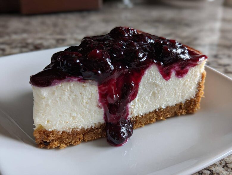 A perfect slice of amazing blueberry cheesecake featuring a thick graham cracker crust and rich blueberry topping.