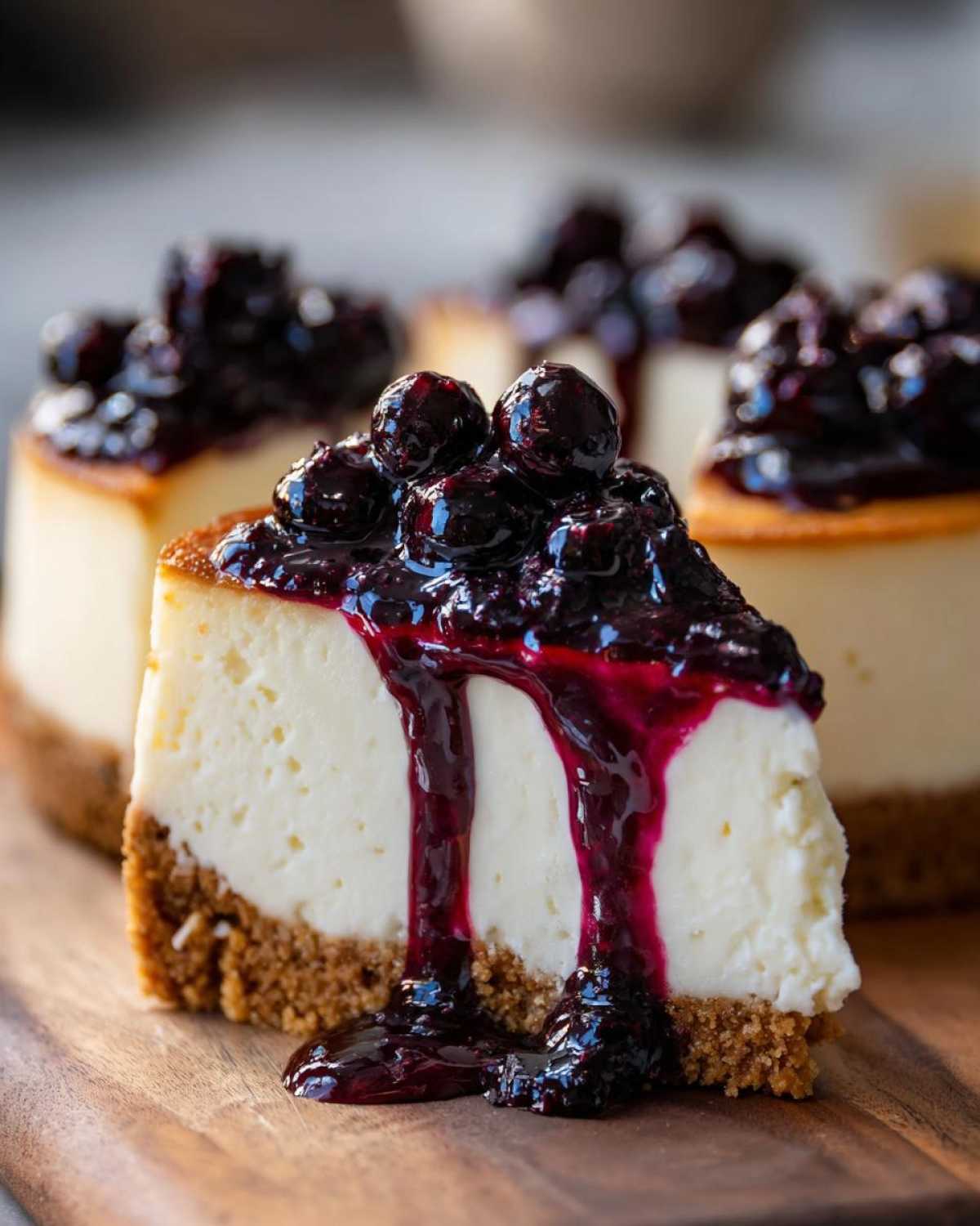 A close-up of a slice of creamy blueberry cheesecake with rich blueberry topping dripping down the side.
